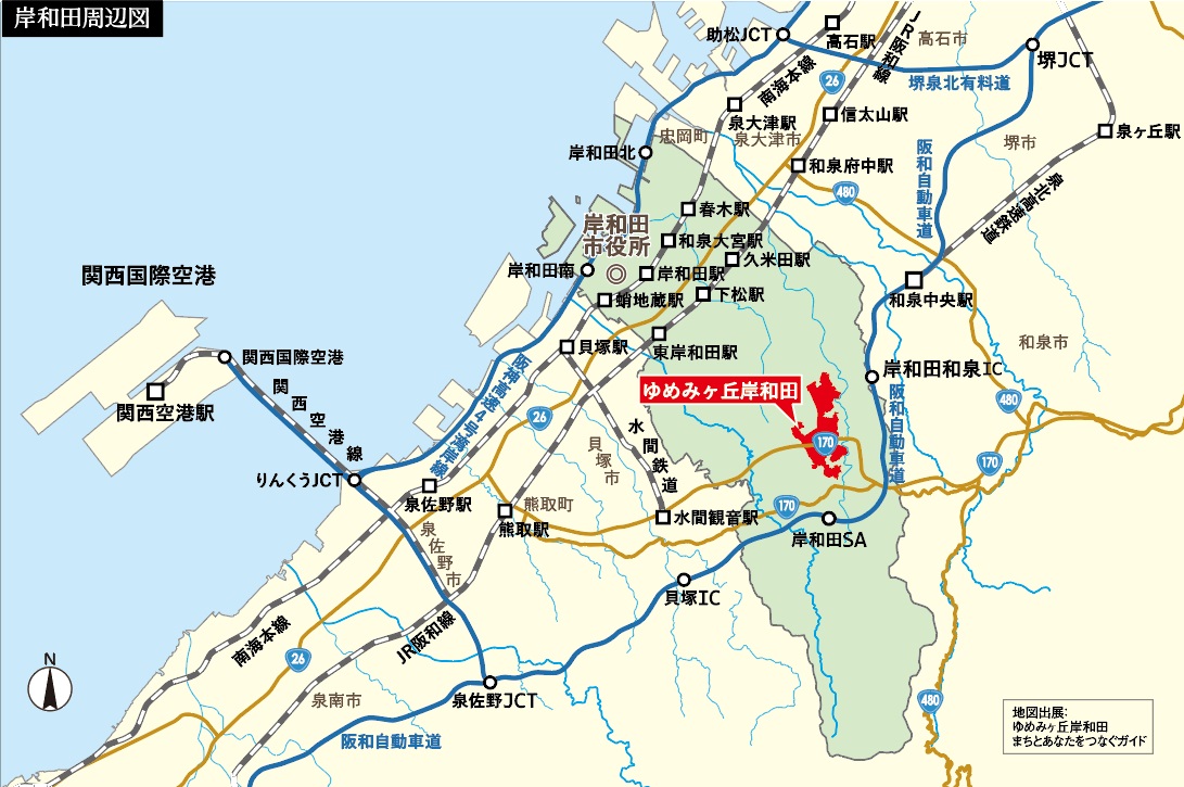 ゆめみヶ丘岸和田　３期 土地 岸和田の中心部から南東へ約7㎞の内陸部に位置しています。　