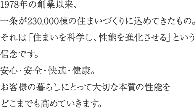 1978年の創業以来、一条が230,000棟の住まいづくりに込めてきたもの。それは「住まいを科学し、性能を進化させる」という信念です。安心・安全・快適・健康。お客様の暮らしにとって大切な本質の性能をどこまでも高めていきます。