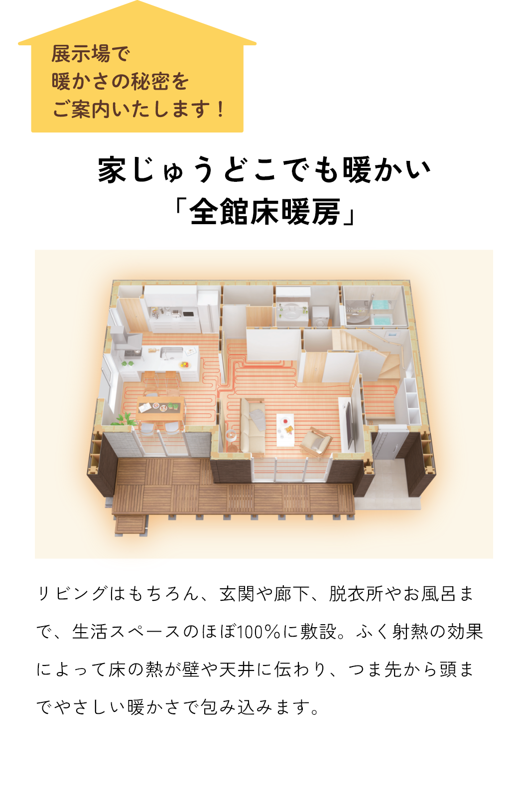 家じゅうどこでも暖かい「全館床暖房」