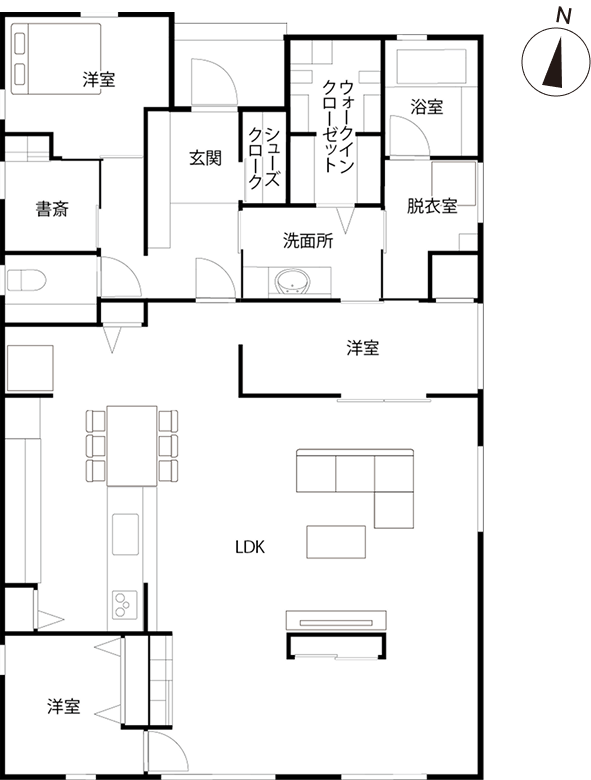 大型犬と快適に暮らす、床暖房のある広々平屋 1F 間取り図