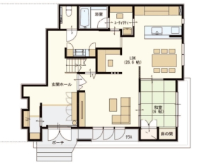 2世帯住宅を想定した65坪のお家です。２６帖の広々としたLDKや、大容量収納可能なキッチン・シューズクロークなどをご覧いただけます。