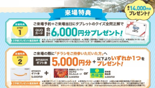 ＜amazonギフトカード + 選べるギフトカード進呈条件＞合計8,000円分
●過去の展示場来場回数が３回未満の方
●将来的にマイホームご購入予定の方
●アンケートにご記入いただいた方
●ご要望・ご質問欄に「来場フェア」と入力ください
※ご家族１組様につき、１回限りとさせて頂きます。amazonギフトカード5,000円分 ＋ さわやかだんらんカード or 杏林堂商品券    いずれか3,000円分