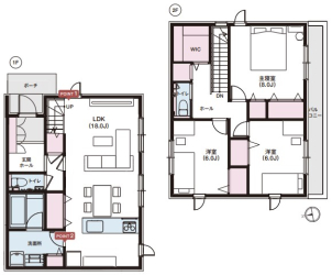 約31坪、3LDKの2階建てです!
階段は家族が集うLDKに設置。
家族同士が自然と顔を合わせられる動線です!
洗面所とキッチンが隣り合わせなので、洗濯と料理を同時並行でできる家事ラク動線になっております!
