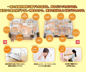 一条の「全館床暖房」なら、
リビングはもちろん玄関や廊下、脱衣所やお風呂に至るまで、暖かい。
足元から温めるため、エアコンのように上下の温度差もつくらず
つま先から頭までやさしい暖かさで包み込みます。
ぜひ一度ご体感いただきたい暖房でございます！