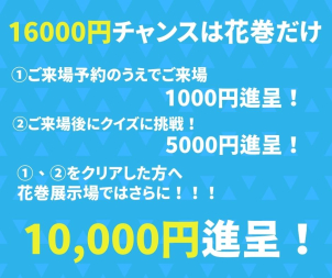 16000円をGETするためには,,,
①ご来場予約のうえでご来場すると、1000円進呈！
②ご来場後にクイズに挑戦すると5000円進呈！
①、②をクリアした方へ
10000円を進呈！