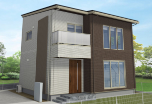 ホワイトとブラウンのシックな外観にこだわったお住まい。全面タイル貼りで高級感を演出できます。開放的な吹き抜けもあります。
