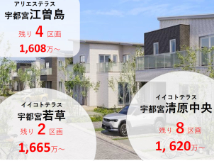 宇都宮市内の分譲地情報です。
ご見学の際はご連絡ください。お得なキャンペーン開催中です。土地/建売を探す＞栃木県＞アリエス・テラス江曽島または、イイコトテラス宇都宮若草からご確認ください。