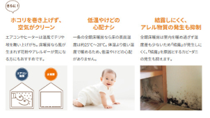 床だけでなく壁や天井にも暖かさを伝えるから、部屋全体と全身をムラなく暖めます！エアコンのように部屋の上の方は、のぼせるほど暑いのに足元が冷えるという悩みも解消です！