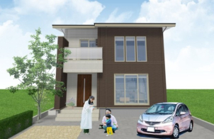 ①敷地面積は約50坪、駐車スペースは3台分。延べ床面積は約３１坪。
リアルサイズの完成現場をご見学。