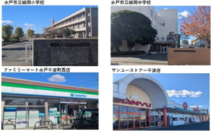 ○小学校 ：緑岡小学校   約９５０ｍ（徒歩約１２分）
○中学校 ：緑岡中学校   約１．３kｍ（徒歩約１７分）
○幼稚園 ：緑岡幼稚園　約９００ｍ（徒歩約１２分）
○買    物 ：サンユーストアー千波店　約９５０ｍ
　　　　　　　　　　　　　　　　（徒歩約１２分）
ファミリーマート水戸千波町西店　約９００ｍ（徒歩約１２分）
○交    通 ：水戸南IC　約６．９ｋｍ（車で約１６分）　
