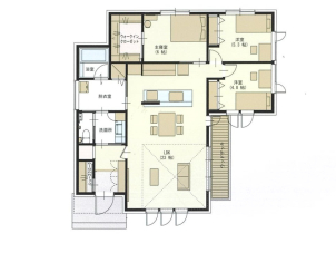家の中心にゆったりとしたLDKを配置し、家族が自然と集まる平屋の住まい。キッチンからリビング全体を見渡せるため、家事をしながら家族の様子を感じられます。個室はほどよく距離をとって配置され、プライバシーと家族のつながりを両立。水まわりや収納も動線よくまとめ、毎日の暮らしがスムーズに。実際の生活を想定したリアルな広さが、無理のない快適な日常を支えます。