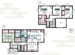 約34坪、4LDKの2階建てです！
玄関・洗面所・脱衣室・キッチンが短く結ばれ、毎日の家事が“立ち止まらず”進む効率動線。
つながりと独立を両立し、家族それぞれの時間が充実する間取り配置になっております！