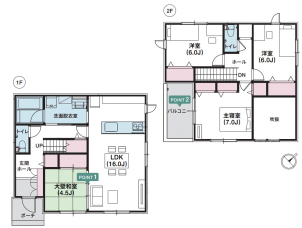 約31坪、4LDKの２階建です！
LDKと和室を並べた配置で、
多様な寛ぎ方を設計。
2階に広めのバルコニーを設けて、余裕のある暮らしを。