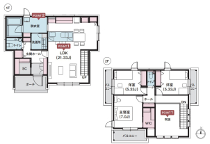 約33坪、3LDKの2階建てです！
1階にも2階にも大きな窓のある吹抜のLDKは、豊かな陽光が差し込む温かな空間に。
1階の西側に水回りを集中させて、回遊動線で家事を効率的にまわせる仕様になっております。