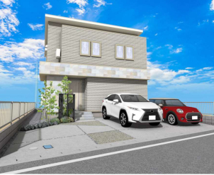 高級感のある大判タイル貼りの外観。