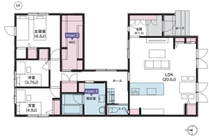 約30坪、3LDKの平屋です！
脱衣室に作業台を設け、洗う・干す・たたむがその場でできる家事空間に。
家族の衣服を集約して片付けを効率的にするウォークインクローゼットを設けております。