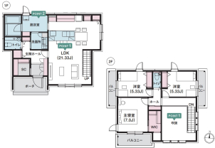 約33坪、3LDKの2階建てです！
1階にも2階にも大きな窓のある吹抜のLDKは、豊かな陽光が差し込む温かな空間に。
1階の西側に水回りを集中させて、回遊動線で家事を効率的にまわせる仕様になっております。