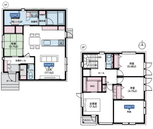 約32坪、4LDKの2階建てです！
LDKは吹抜で上部から陽光を取り込む明るい空間に。
LDKの奥に2階へ上がる動線を設け、家族が顔を合わせやすい設計に。