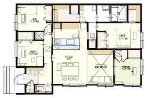 こちらがお家の間取り図となっております!生活動線・家事動線をひとつにまとめた、平屋ならではの設計!