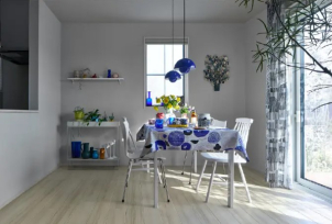 白を基調とした「Himmel（ヒンメル）」はカラフルなファブリックや照明とも相性抜群。遊び心のあるアイテムもスッと馴染む、シンプルを追求したスタイルです。