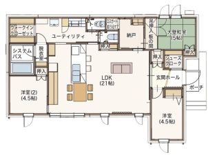 LDK21帖を中心にした、大開口勾配天井の考え抜かれたプランです。