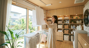 外に干すより、きれいで速い。
一条なら、室内干しが「理想の選択」になります。
黄砂や花粉、急な雨。外干しのリスクをすべてカットして、
洗濯機から最短距離で「干す・畳む」が完結する贅沢を。