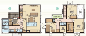 吹き抜けのあるLDK19帖。
下がり天井のキッチンが空間にアクセントを与える、開放感あふれる2階建てプラン。