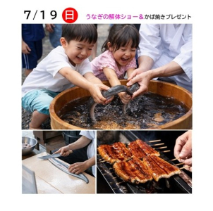 ⭐7/19(日)うなぎの解体ショー＆かば焼きプレゼント！⭐国産うなぎの解体ショー！①AM11:00～②PM2:30～⭐つかみ取り体験＆蒲焼プレゼント！AM11:00～PM4:00 ぬるぬる動くうなぎを上手につかめるかな？※モデルハウス見学が参加条件です。※ご参加は小学生以下のお子様(保護者同伴)に限ります。