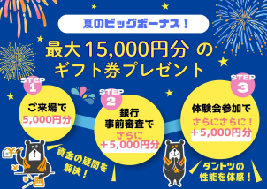①展示場又は袋井オフィスへご来場する②銀行の事前審査を行っていただく③一条工務店の体験会へ参加する【①～③を達成するごとに5000円分のギフト券をプレゼント！】※（例）①→③→②の順番でもギフト券のプレゼント対象となります