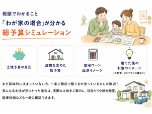 土地予算の目安、建物を含めた総予算、住宅ローン返済イメージ、光熱費やメンテナンス費など建てた後のお金まで整理。一条工務店で建てるか迷われている方、まだ具体的に決まっていない方も大歓迎！気になる土地があれば現地案内も可能です。