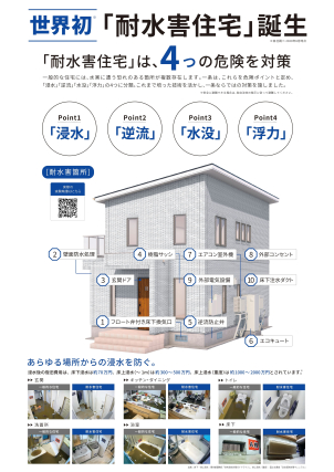 耐水害住宅は「浸水」・「逆流」・「水没」・「浮力」の水害に伴う4つの危険に対策しています。展示場にて詳細にご説明・ご案内をさせて頂きます！