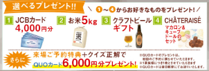 ①JCBカード4000円分、②お米5kg、③クラフトビールギフト、④マカロン＆キューブドールセットの4種からお一つお選びいただけます！
さらに来場予約特典＋クイズ正解でQUOカード6000円分プレゼント！
※QUOカードのプレゼントは初回の来場予約に限らせていただきます。
※1家族につき1枚とさせていただきます。
※QUOカードは後日郵便にてお送りいたします。