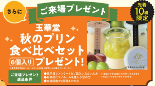 ＜食べ比べプリン進呈条件＞
●過去の来場回数が２回目までの方
●将来的に新築ご購入予定の方
●アンケートにご記入いただいた方
※ご家族１組様につき１回限りとさせて頂きます
※11月初旬～中旬の発送となります