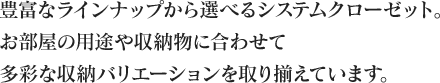 豊富なラインナップから選べるシステムクローゼット。お部屋の用途や収納物に合わせて多彩な収納バリエーションを取り揃えています。