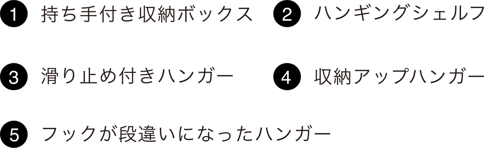 1 持ち手付き収納ボックス　2 ハンギングシェルフ　3 滑り止め付きハンガー　4 収納アップハンガー　5 フックが段違いになったハンガー