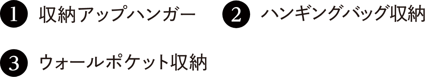 1 収納アップハンガー　2 ハンギングバッグ収納　3 ウォールポケット収納