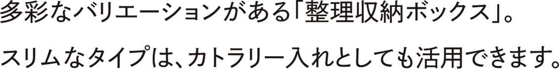 多彩なバリエーションがある「整理収納ボックス」。スリムなタイプは、カトラリー入れとしても活用できます。