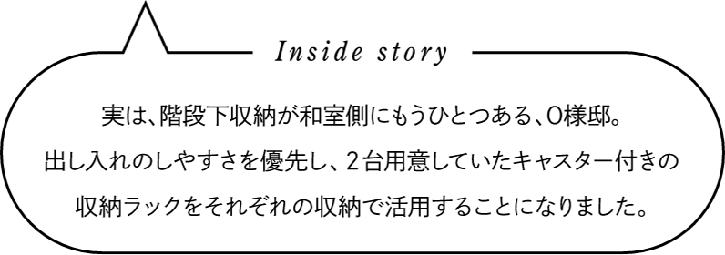 Inside story　実は、階段下収納が和室側にもうひとつある、O様邸。出し入れのしやすさを優先し、2台用意していたキャスター付きの収納ラックをそれぞれの収納で活用することになりました。