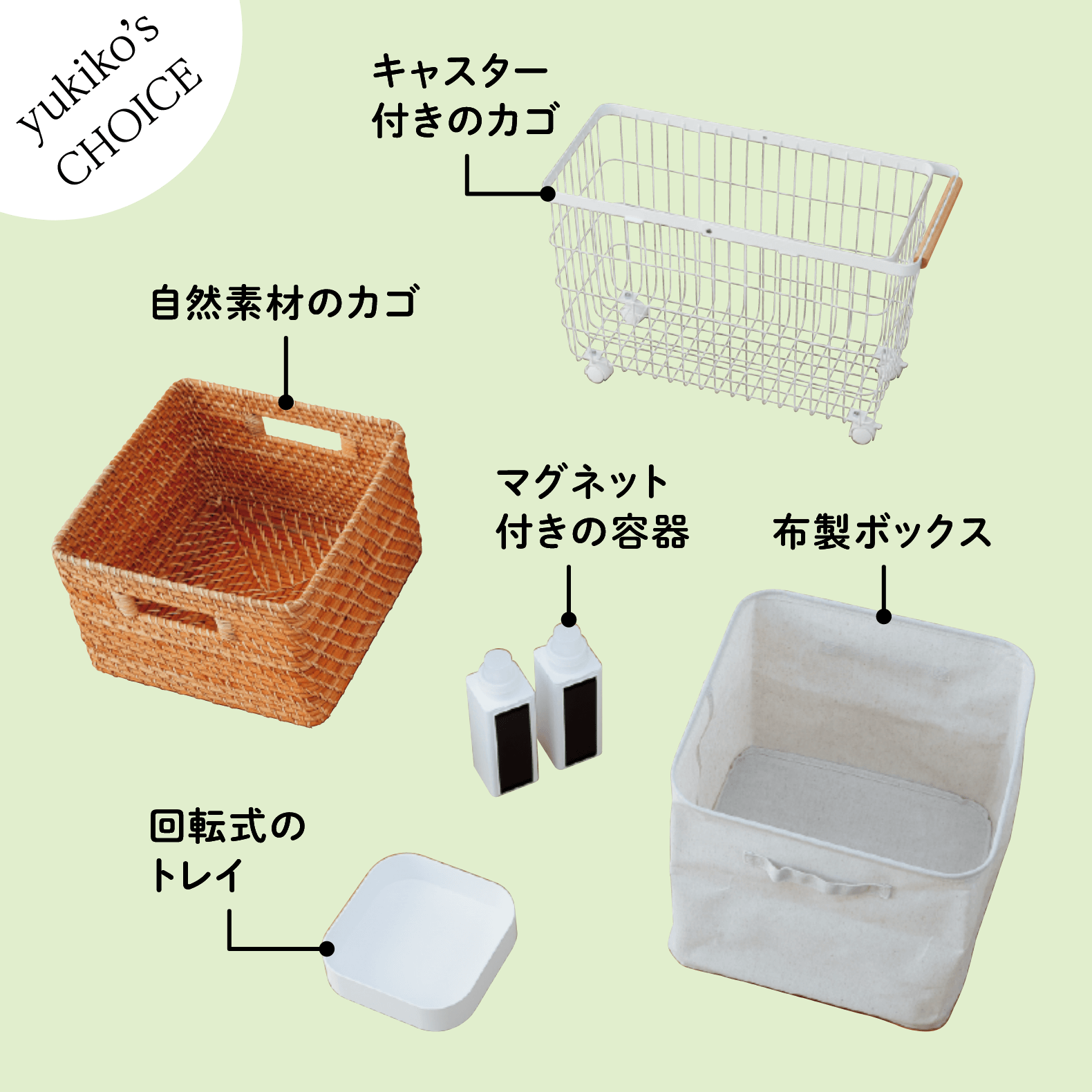 yukiko's CHOICE キャスター付きのカゴ　自然素材のカゴ　マグネット付きの容器　回転式のトレイ　布製ボックス