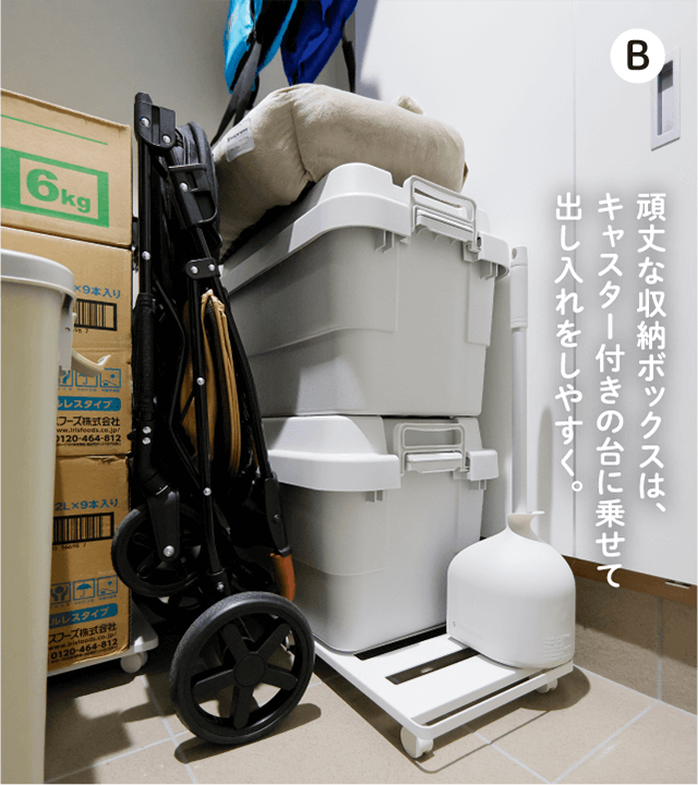 B 頑丈な収納ボックスは、キャスター付きの台に乗せて出し入れをしやすく。