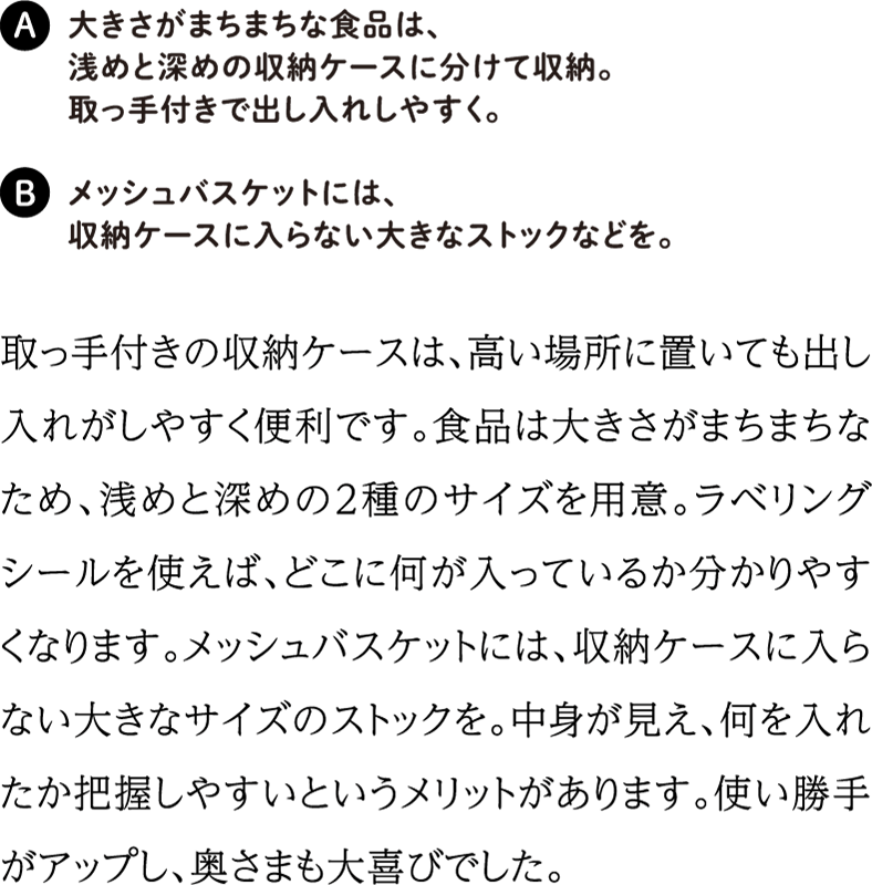 取っ手付きの収納ケースは、高い場所に置いても出し入れがしやすく便利です。食品は大きさがまちまちなため、浅めと深めの2種のサイズを用意。ラベリングシールを使えば、どこに何が入っているか分かりやすくなります。メッシュバスケットには、収納ケースに入らない大きなサイズのストックを。中身が見え、何を入れたか把握しやすいというメリットがあります。使い勝手がアップし、奥さまも大喜びでした。