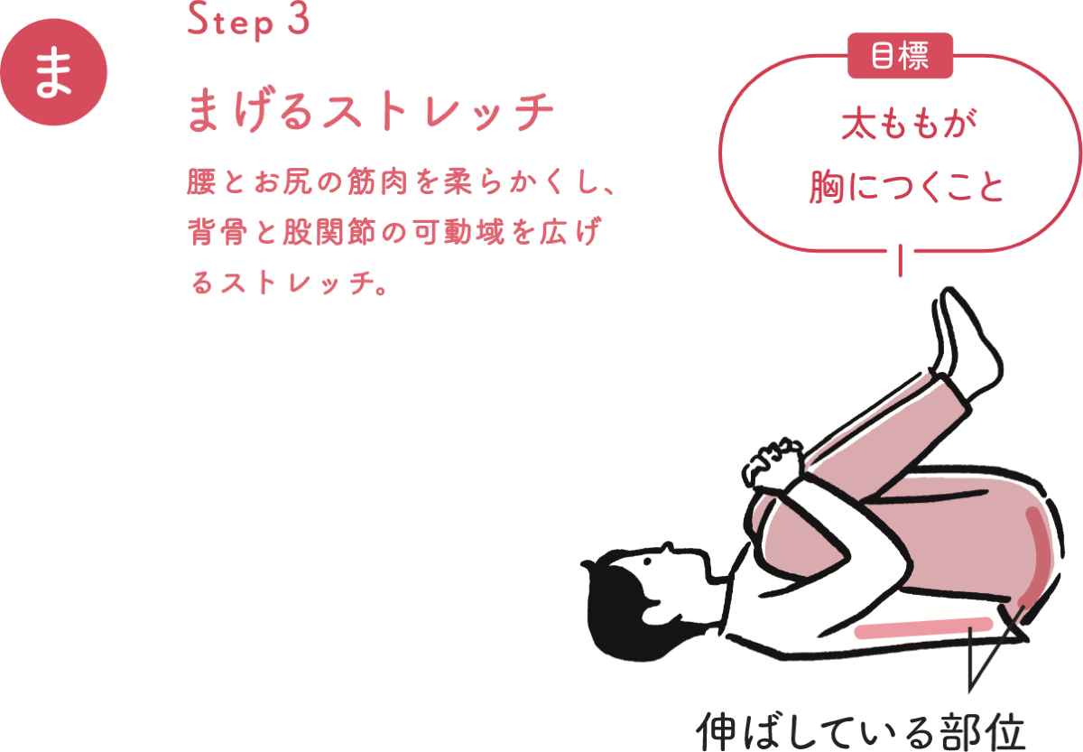 STEP 3 まげるストレッチ 腰とお尻の筋肉を柔らかくし、背骨と股関節の可動域を広げるストレッチ。目標 太ももが胸につくこと