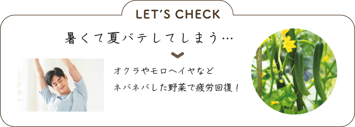 LET’S CHECK 暑くて夏バテしてしまう… ▼オクラやモロヘイヤなどネバネバした野菜で疲労回復！