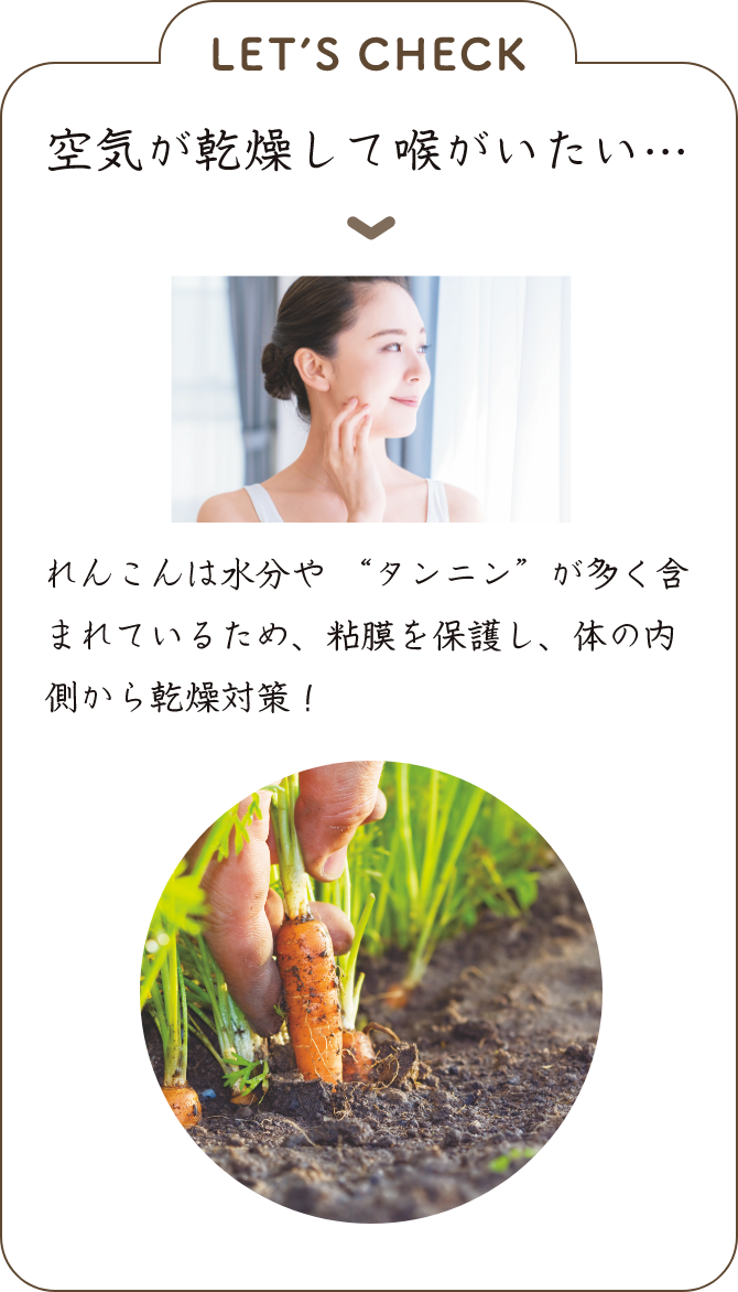 LET'S CHECK 空気が乾燥して喉がいたい… ▼れんこんは水分や “タンニン”が多く含まれているため、粘膜を保護し、体の内側から乾燥対策！