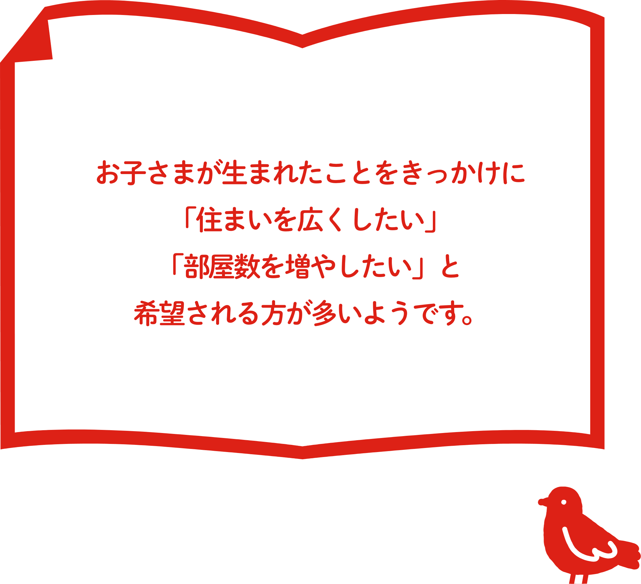 お⼦さまが⽣まれたことをきっかけに「住まいを広くしたい」「部屋数を増やしたい」と希望される⽅が多いようです。