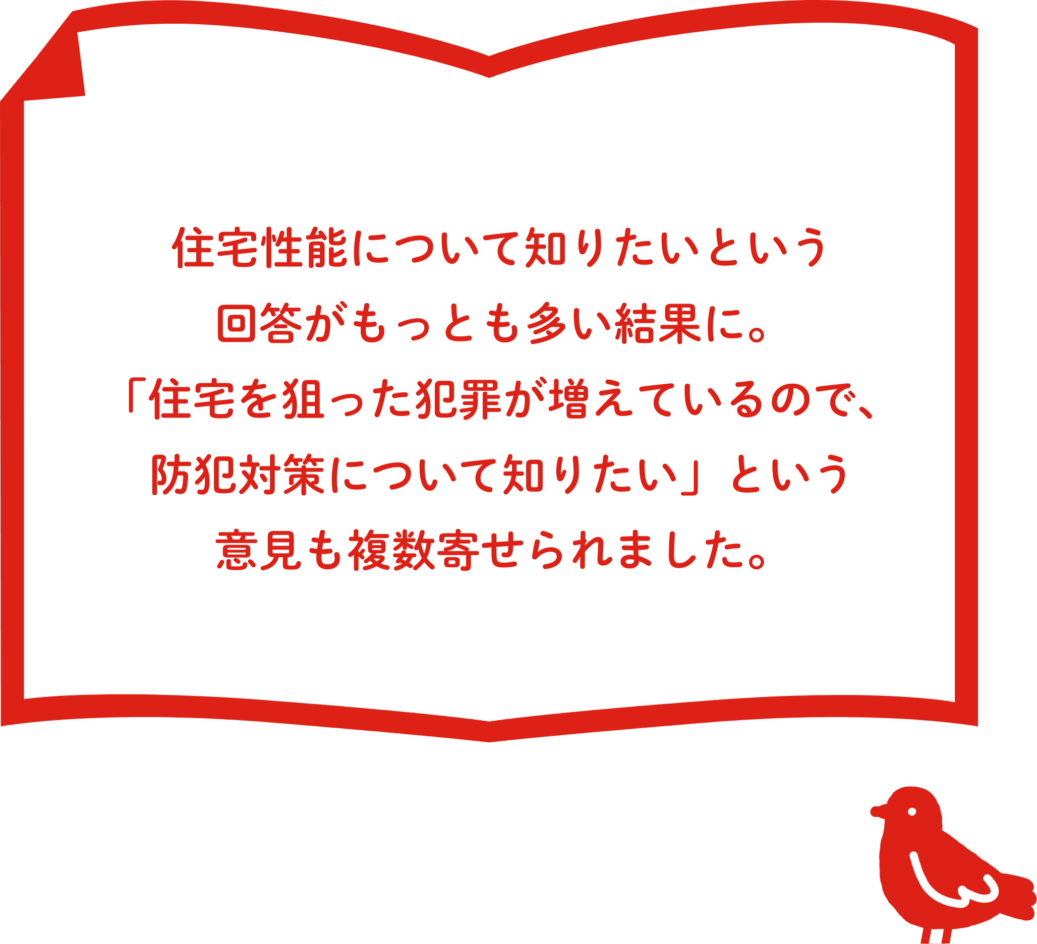 住宅性能について知りたいという回答がもっとも多い結果に。「住宅を狙った犯罪が増えているので、防犯対策について知りたい」という意⾒も複数寄せられました。