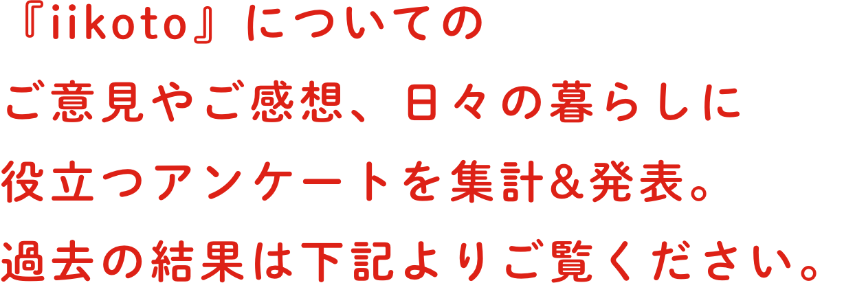 『iikoto』についてのご意⾒やご感想、⽇々の暮らしに役⽴つアンケートを集計&発表。過去の結果は下記よりご覧ください