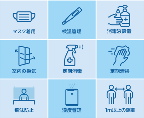 マスク着用　検温管理　消毒液設置　室内の換気　定期消毒　定期清掃　飛沫防止　湿度管理　1m以上の距離
