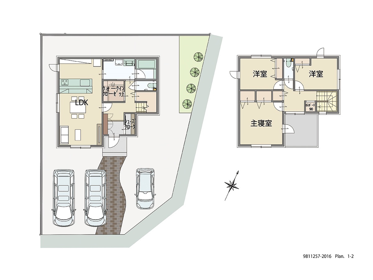 いわき市平幕ノ内 土地 区画番号No.10街区16 「1階にウォークインクローゼット採用プラン」 <br>建物タイプ:HUGme/延床面積:99.37㎡(30.05坪) <br>建物本体価格(参考):1,800万円(税込み)<br>
