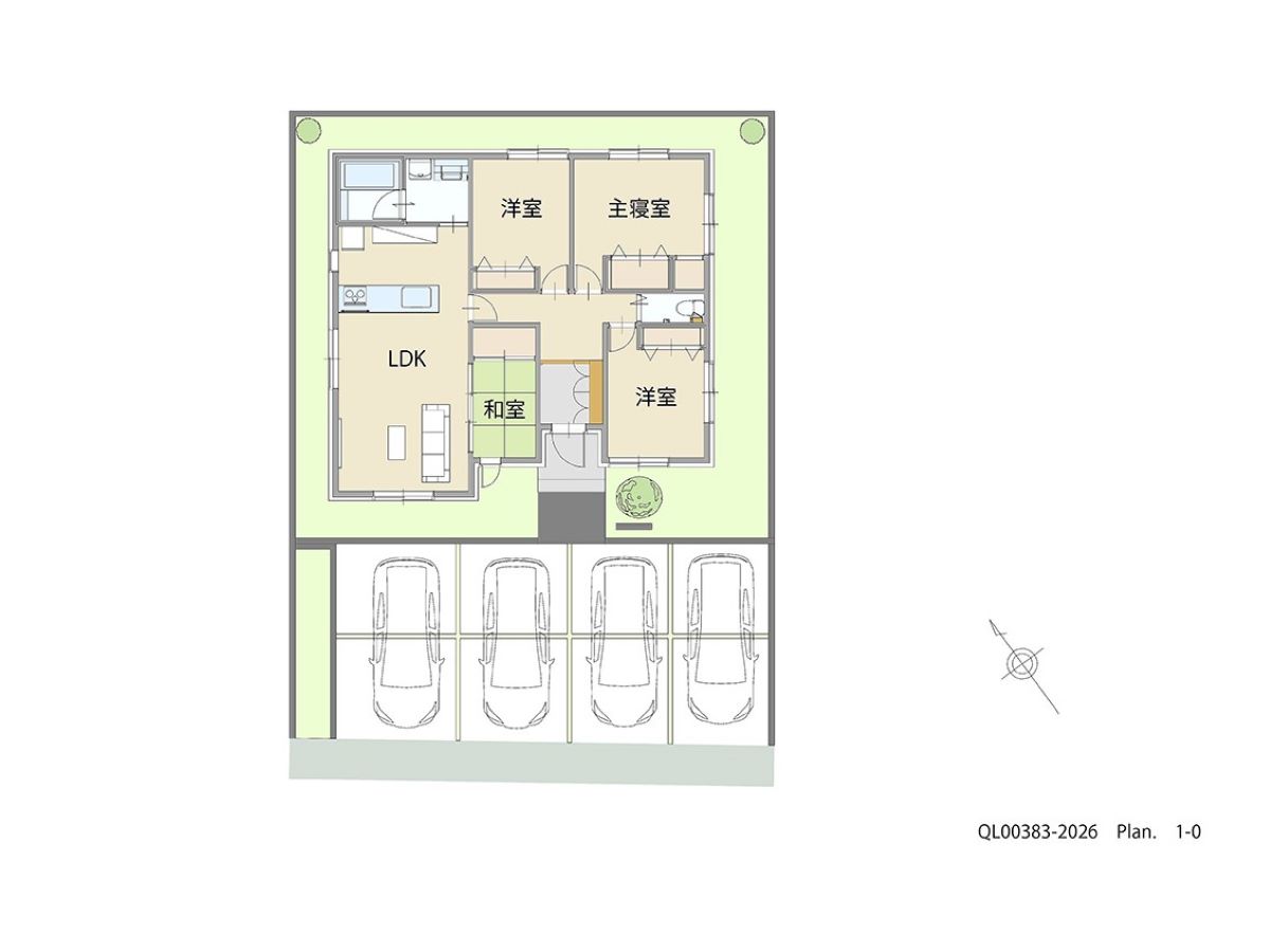 日立市金沢町宅地分譲地 土地 区画番号No.5 「使い勝手充実！平屋3LDK＋和室プラン。」 <br>建物タイプ:Ｎａｔｕｒｉａ/延床面積:84.66㎡(25.6坪) <br>建物本体価格(参考):2,165万円(税込み)<br>